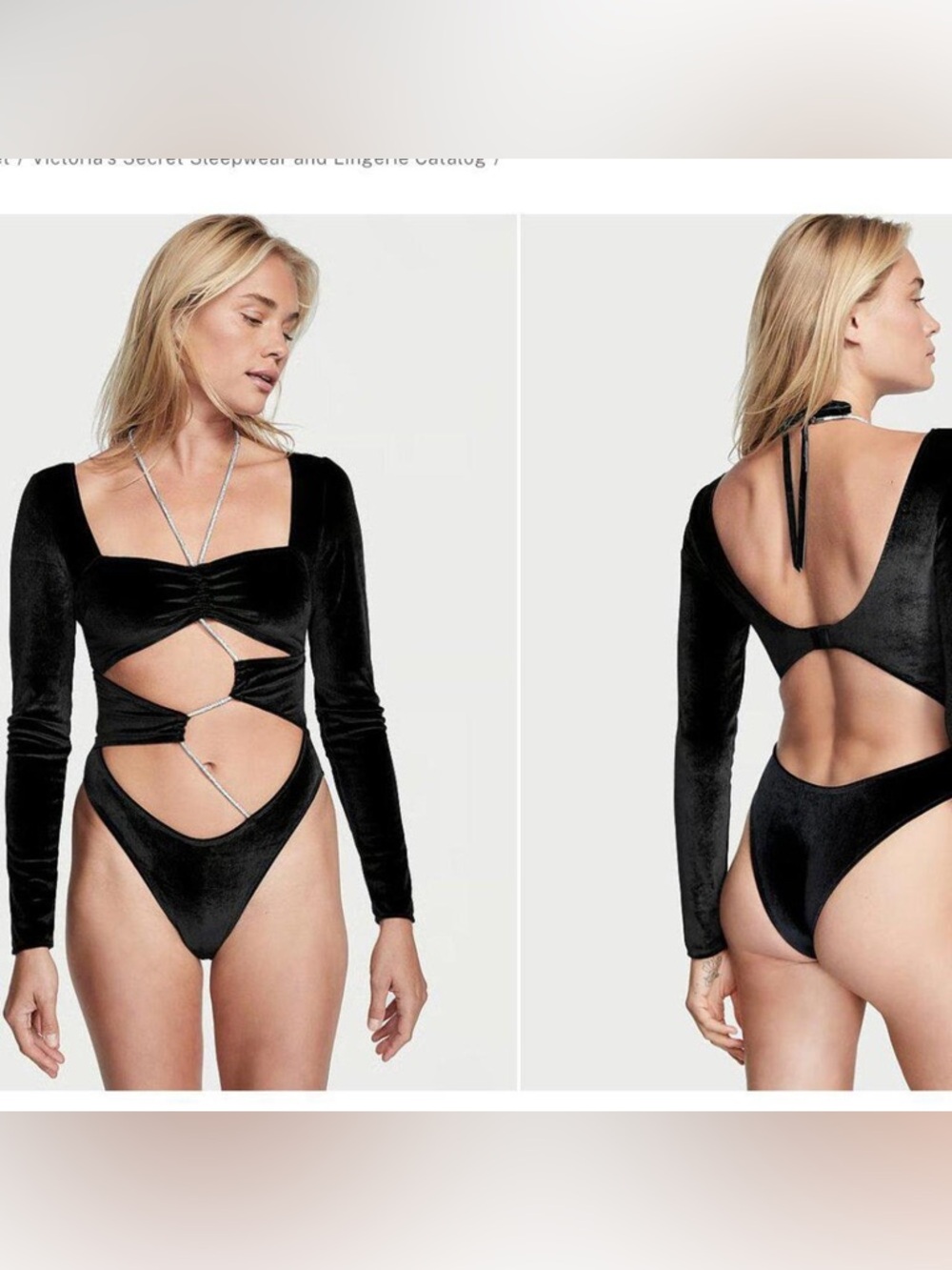 Victoria's Secret Black Velvet Cutout Long-Sleeve Bodysuit